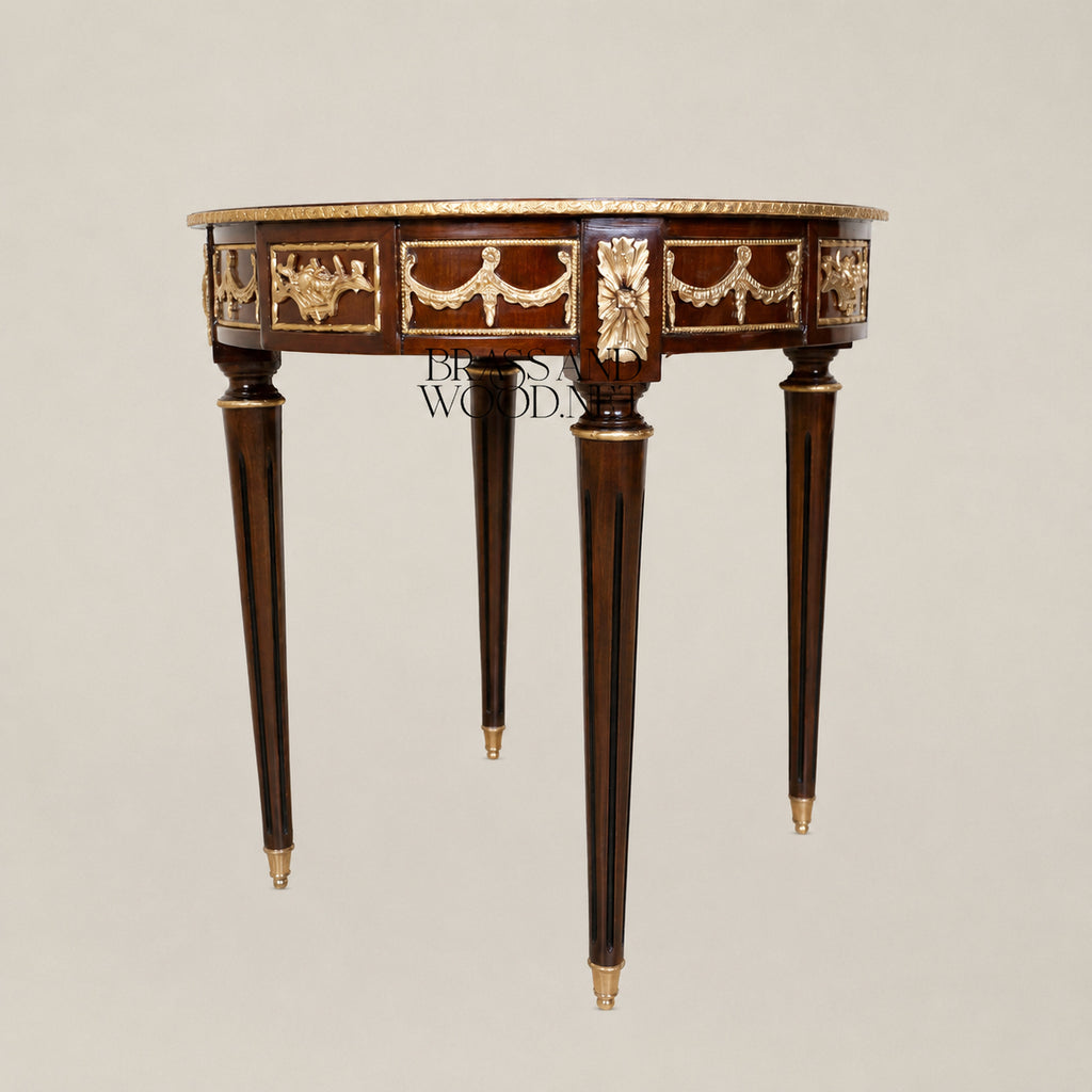 Brass-Trimmed Brown Marquetry Coffee & Corner Table Set