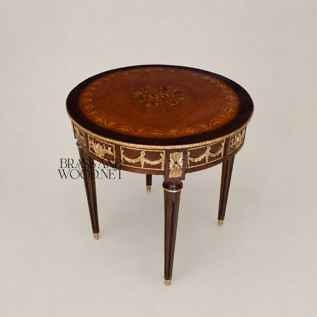 Brass-Trimmed Brown Marquetry Coffee & Corner Table Set