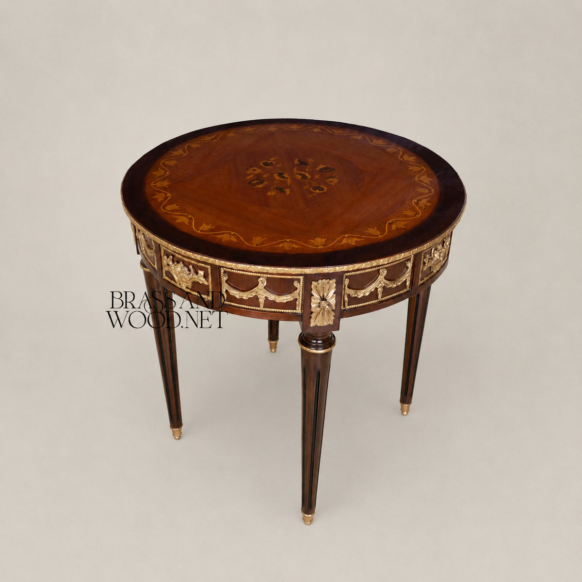 Brass-Trimmed Brown Marquetry Coffee & Corner Table Set