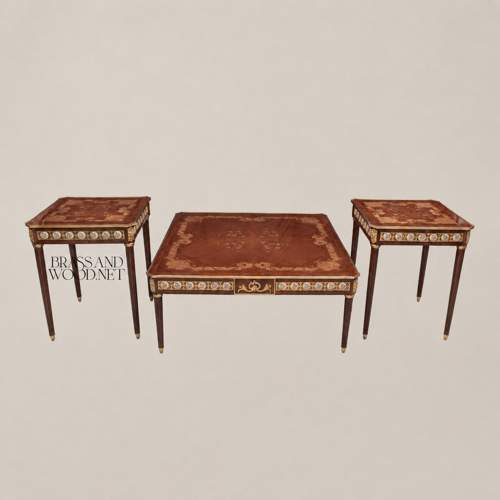 Louis XVI Sunburst Marquetry & Sèvres Medallion Table Set