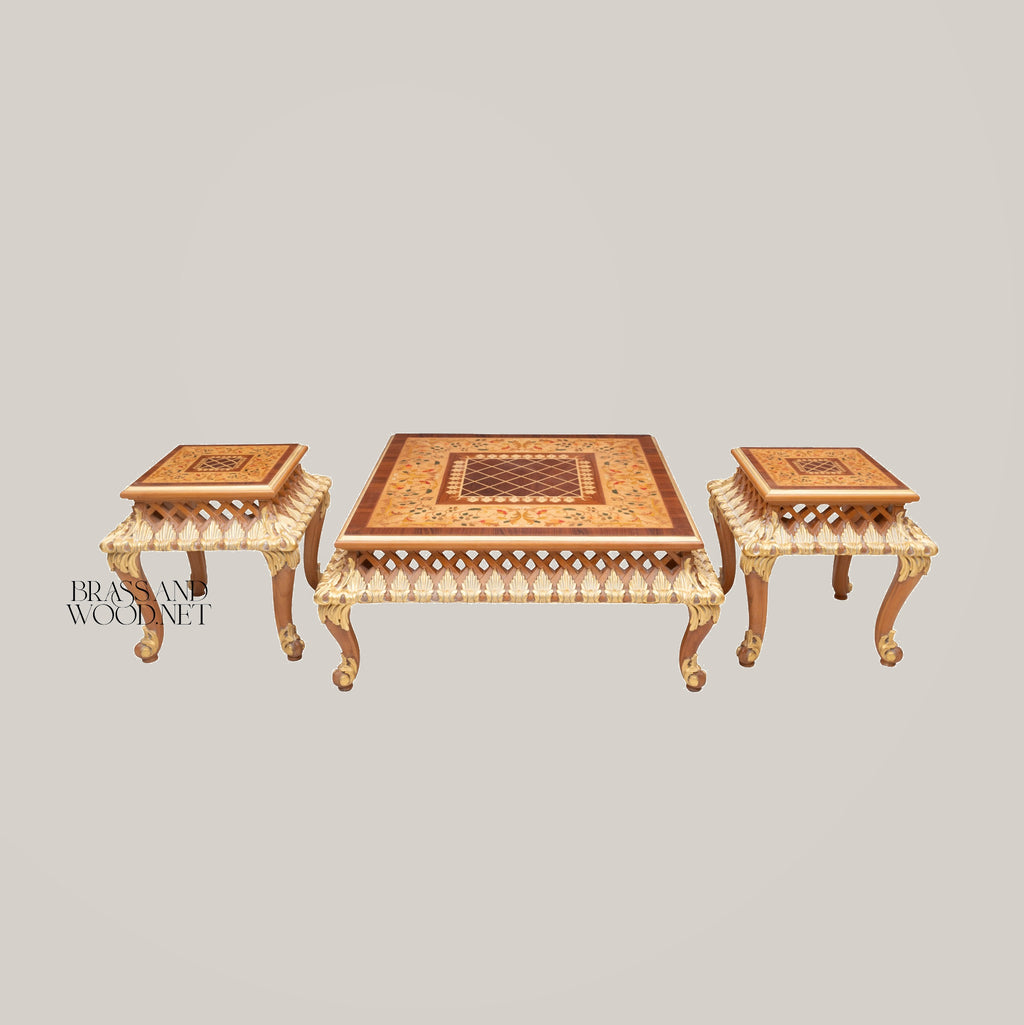 Louis XV Rococo Gold Leaf & Marquetry Table Set