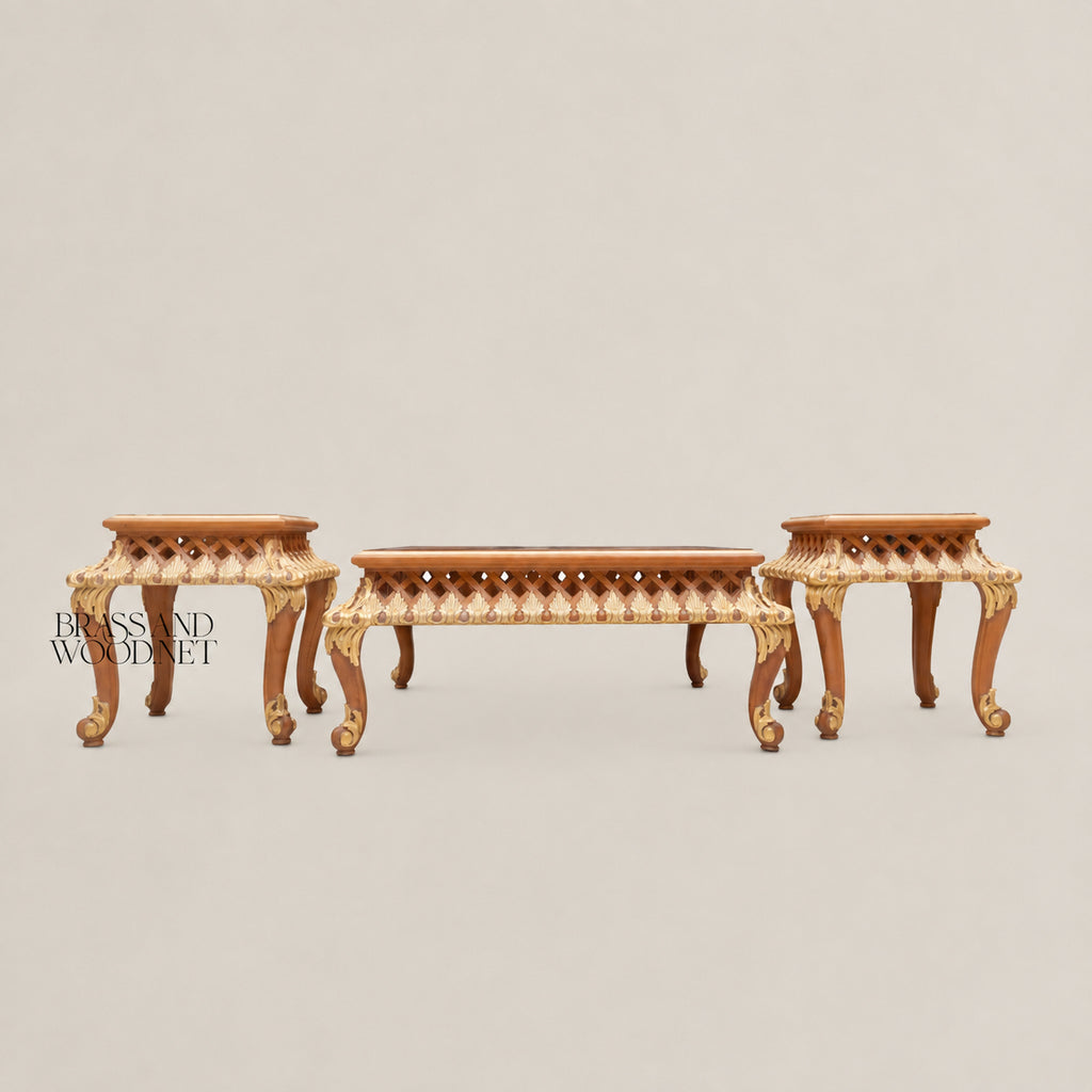Louis XV Rococo Gold Leaf & Marquetry Table Set