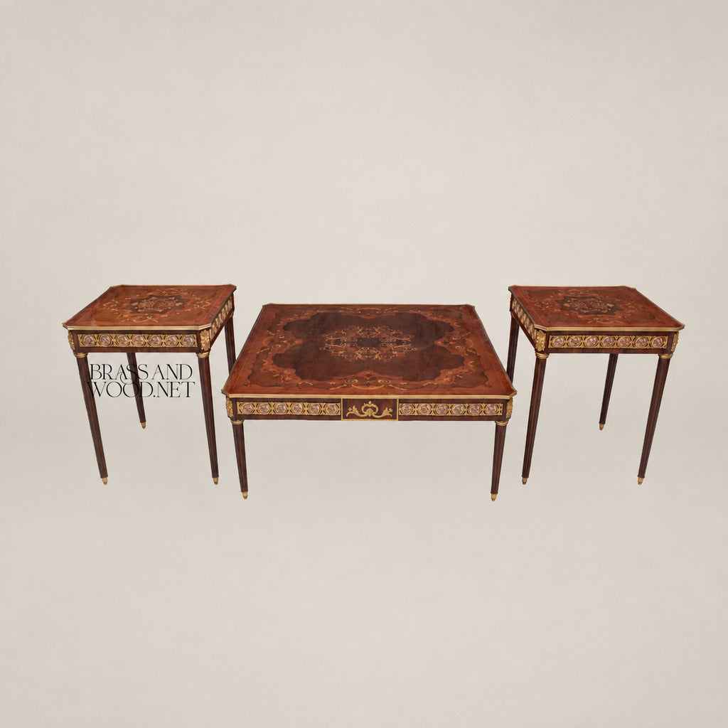 Louis XVI Sunburst Marquetry & Brass Gallery Table Set