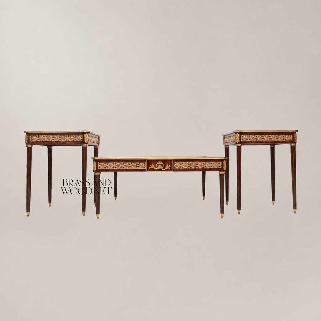 Louis XVI Sunburst Marquetry & Brass Gallery Table Set