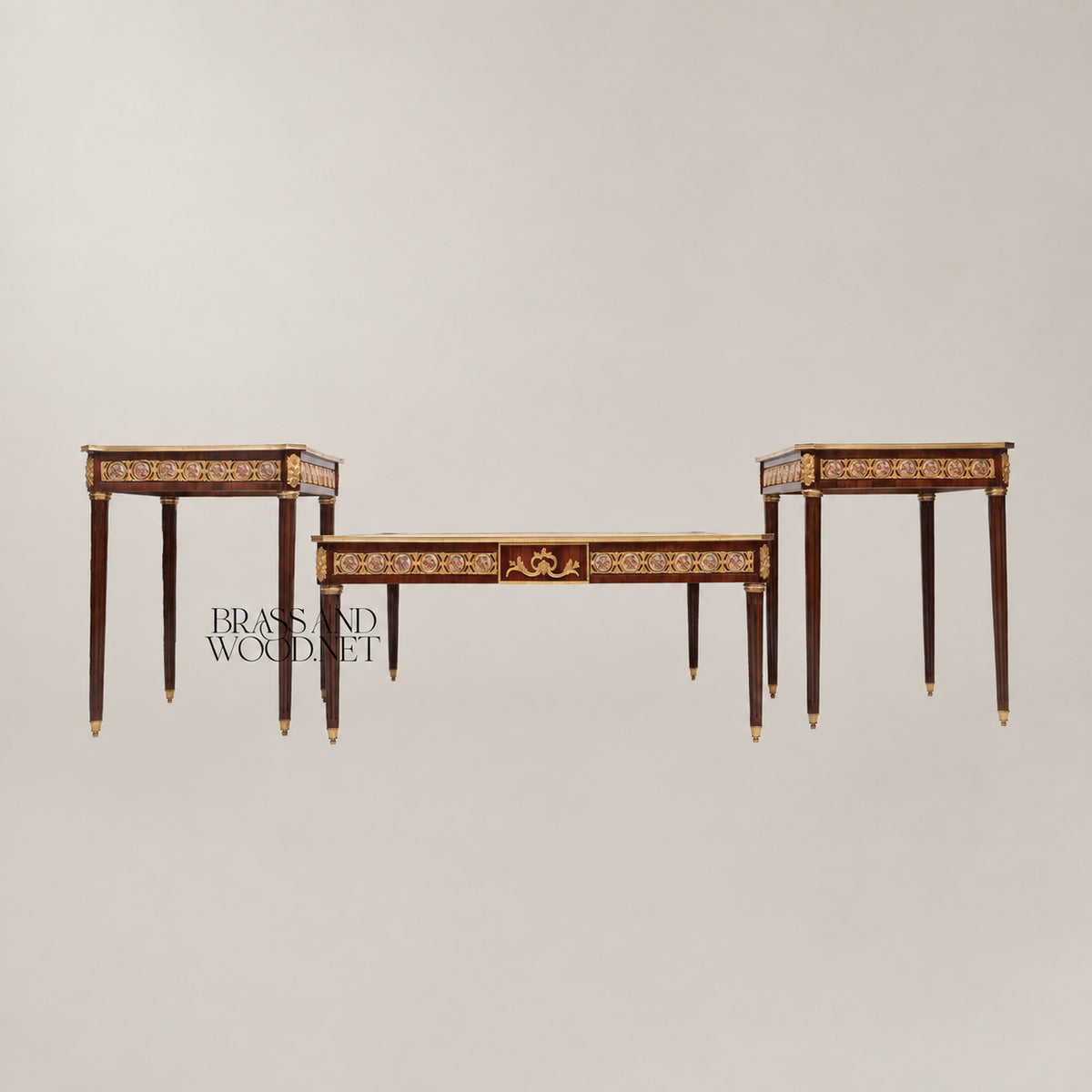 Louis XVI Sunburst Marquetry & Brass Gallery Table Set
