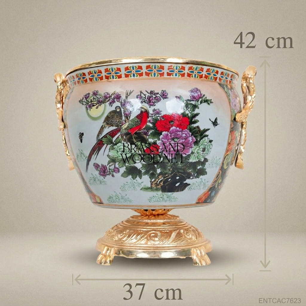 Chinoiserie Hand-Painted Porcelain Jardinière with Gilt Brass Pedestal & Dragon Handles