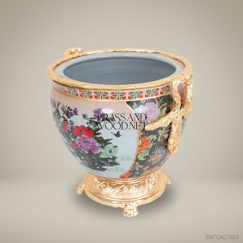 Chinoiserie Hand-Painted Porcelain Jardinière with Gilt Brass Pedestal & Dragon Handles