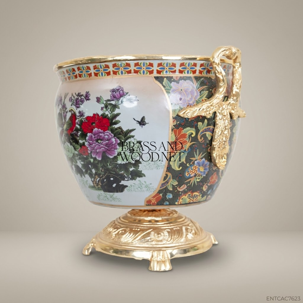Chinoiserie Hand-Painted Porcelain Jardinière with Gilt Brass Pedestal & Dragon Handles