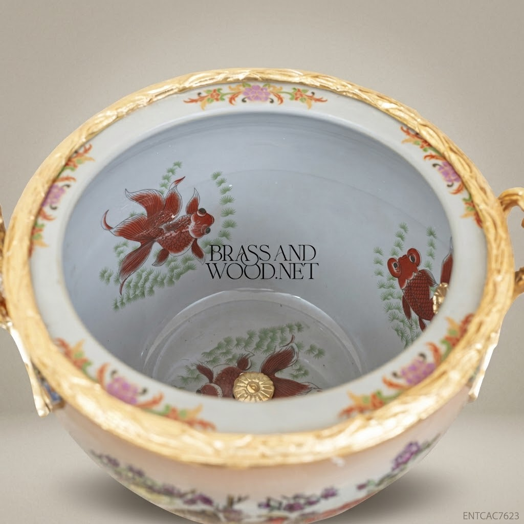 Chinoiserie Hand-Painted Porcelain Jardinière with Gilt Brass Pedestal & Dragon Handles