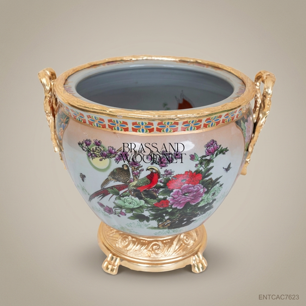 Chinoiserie Hand-Painted Porcelain Jardinière with Gilt Brass Pedestal & Dragon Handles