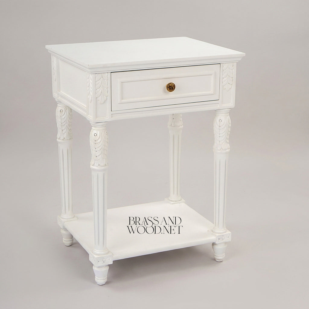 One-Drawer Bedside Commode with Fluted Legs and Open Shelf in White
