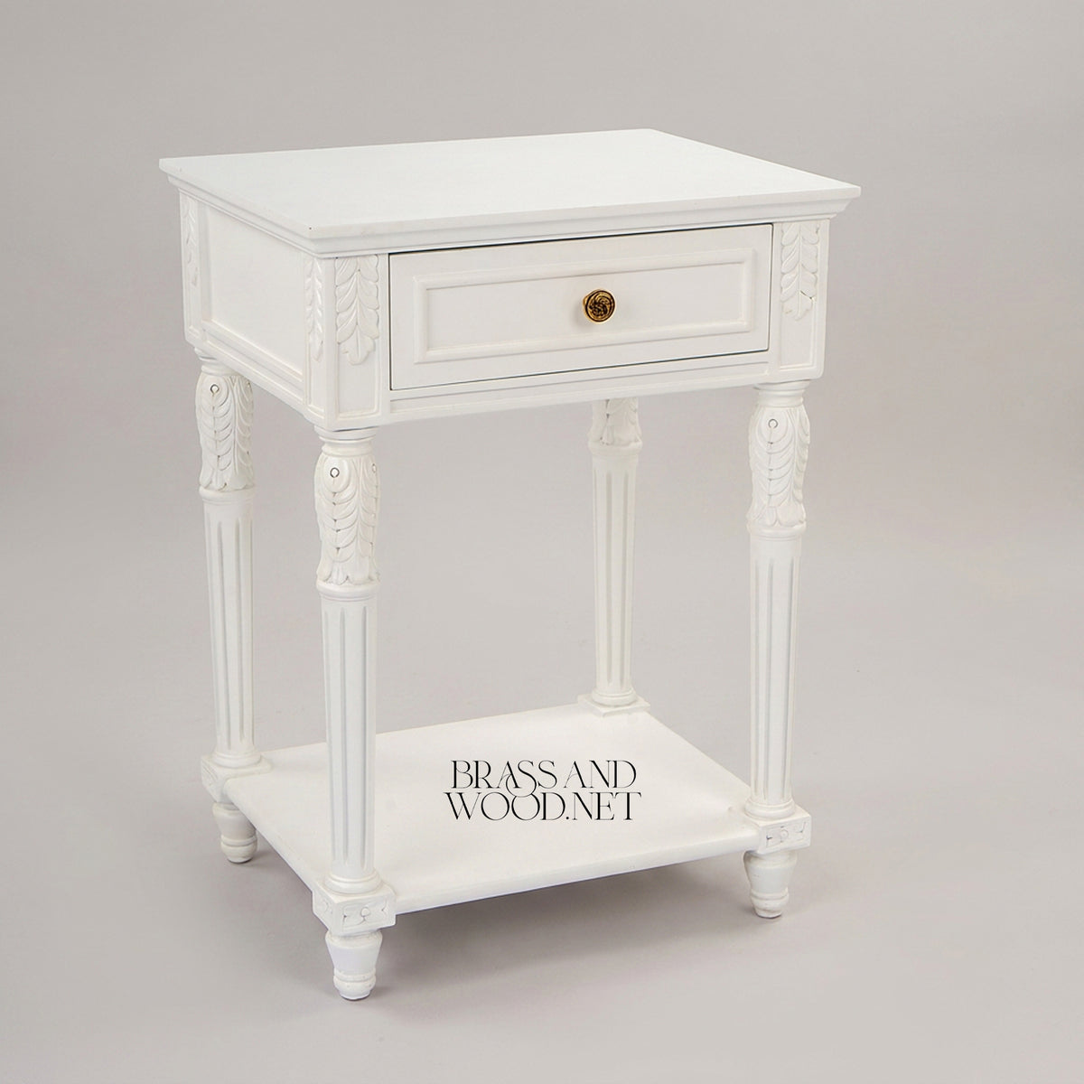 One-Drawer Bedside Commode with Fluted Legs and Open Shelf in White