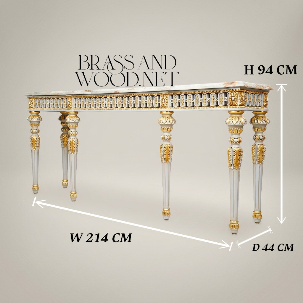 Louis XVI Neoclassical Painted Console Table with Onyx Marble Top & Gold Acanthus Frieze