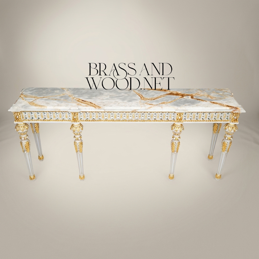 Louis XVI Neoclassical Painted Console Table with Onyx Marble Top & Gold Acanthus Frieze