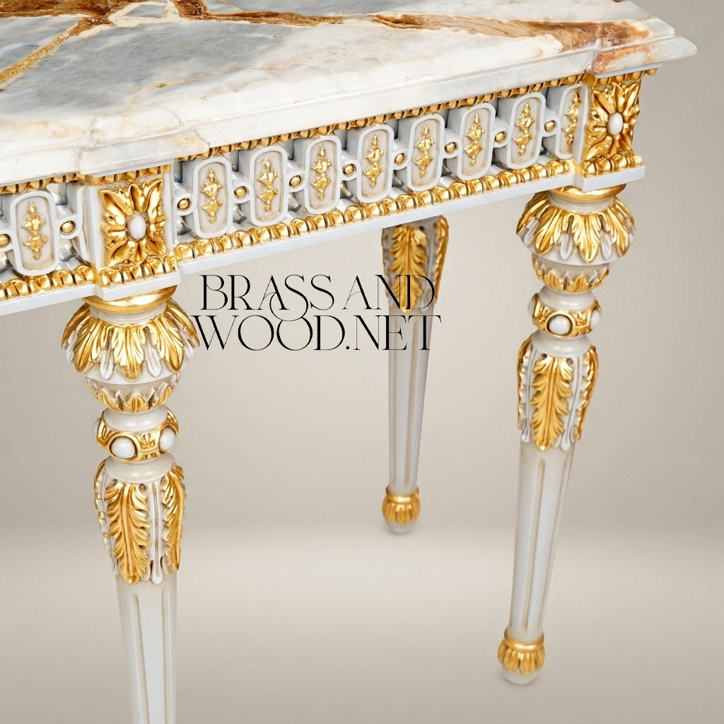 Louis XVI Neoclassical Painted Console Table with Onyx Marble Top & Gold Acanthus Frieze