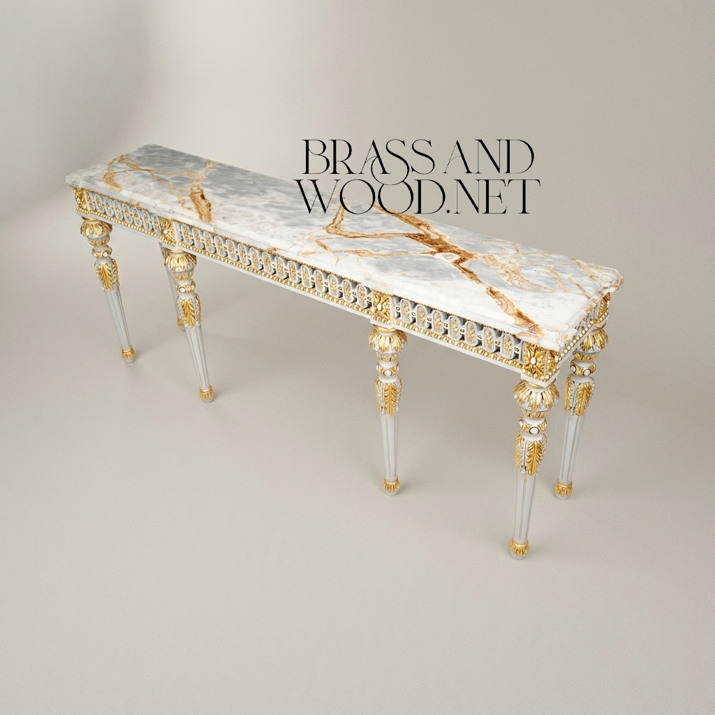 Louis XVI Neoclassical Painted Console Table with Onyx Marble Top & Gold Acanthus Frieze
