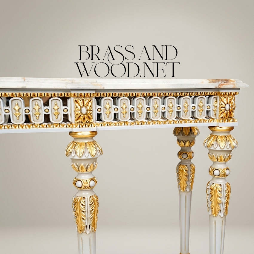 Louis XVI Neoclassical Painted Console Table with Onyx Marble Top & Gold Acanthus Frieze