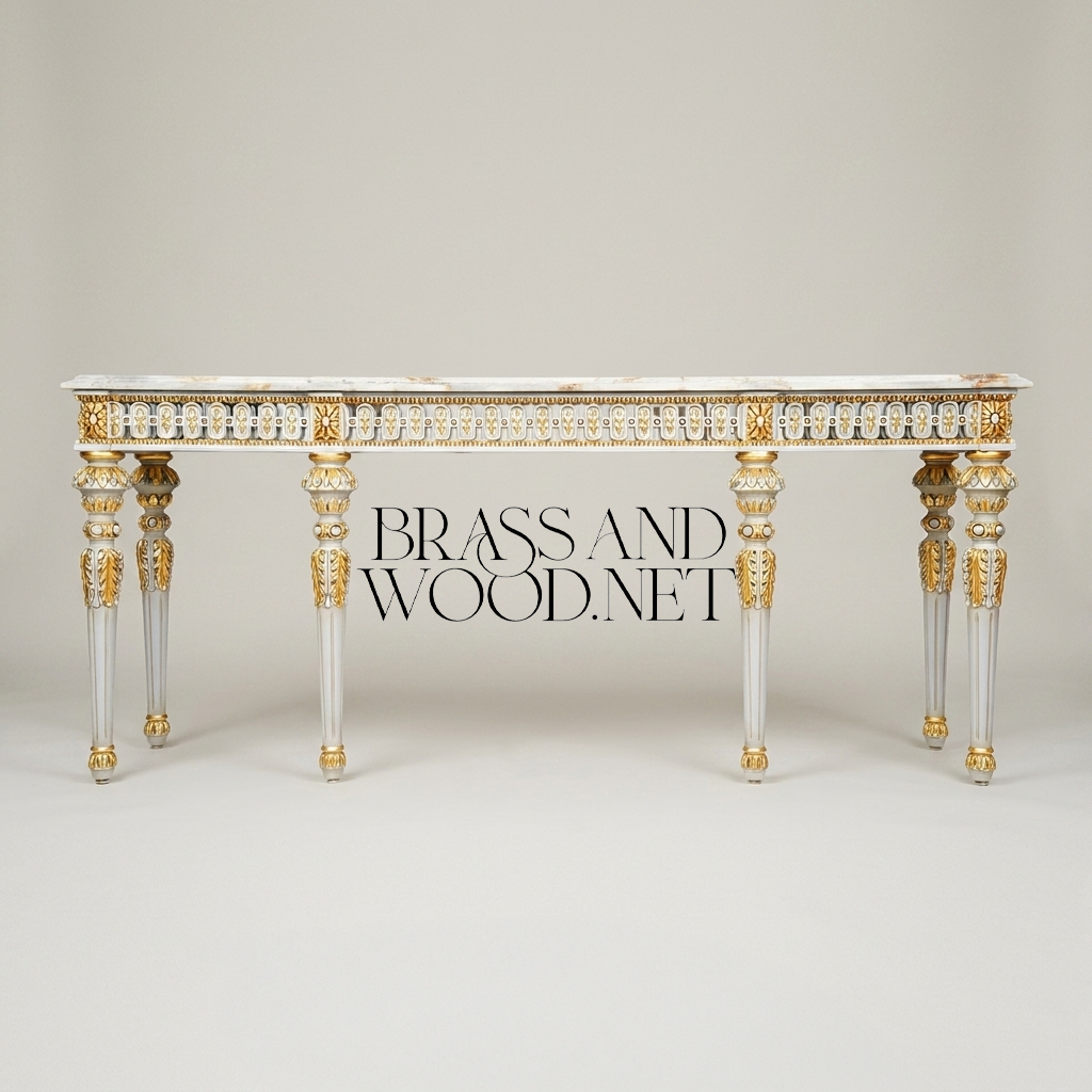 Louis XVI Neoclassical Painted Console Table with Onyx Marble Top & Gold Acanthus Frieze