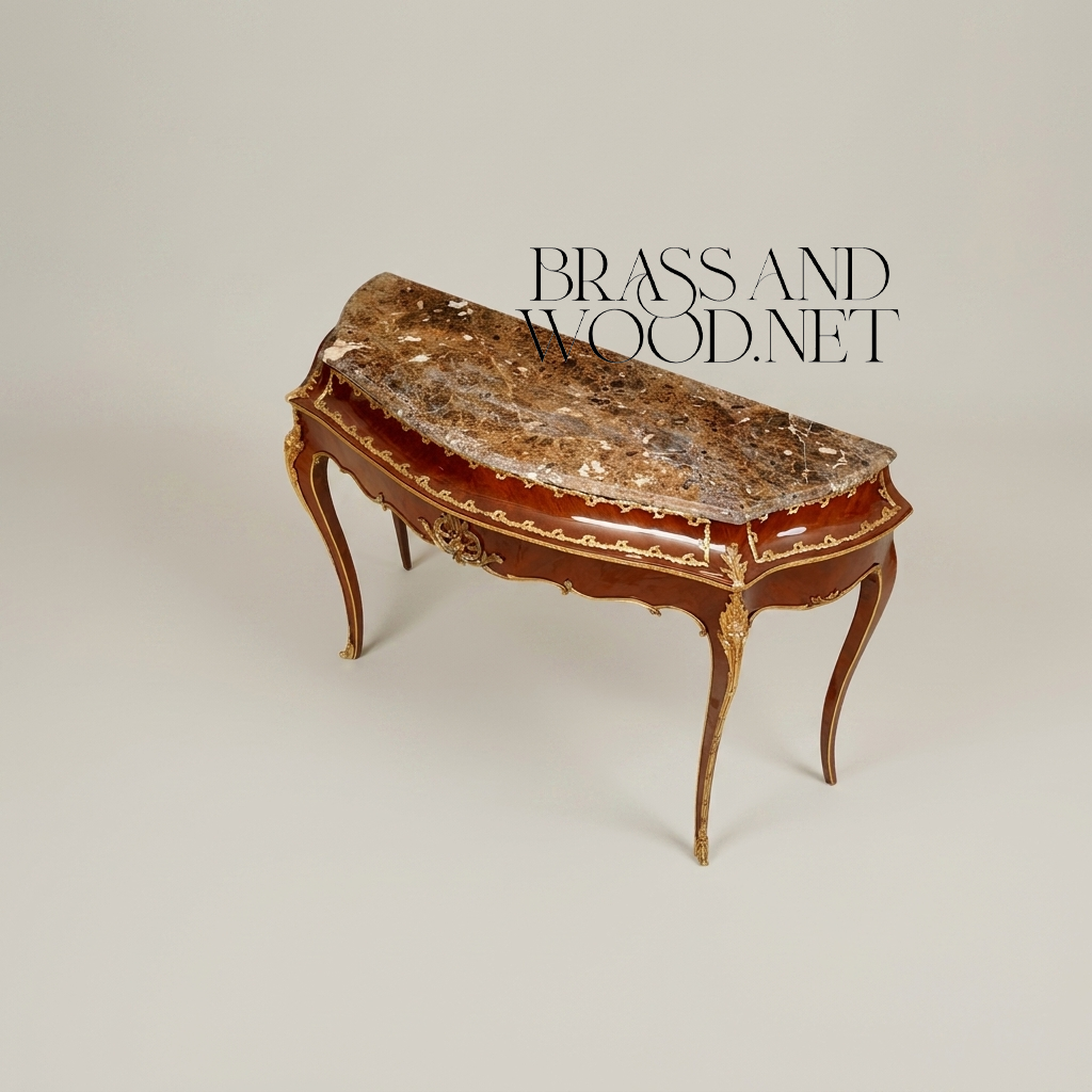 Louis XV Rococo Demi-Lune Console Table with Emperador Marble Top and Gilt Ormolu Mounts