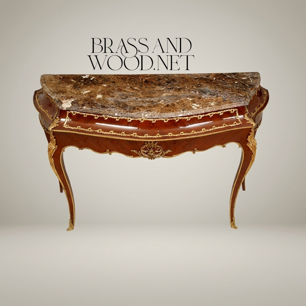Louis XV Rococo Demi-Lune Console Table with Emperador Marble Top and Gilt Ormolu Mounts