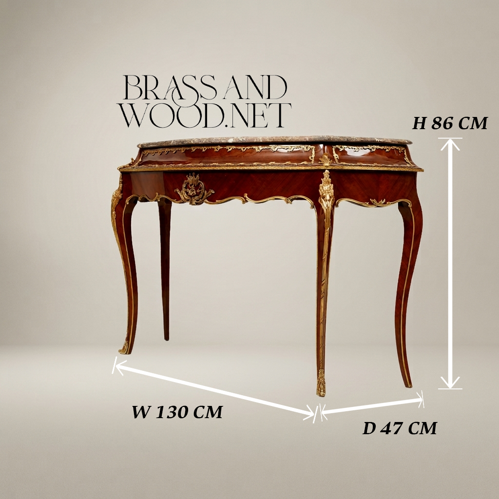 Louis XV Rococo Demi-Lune Console Table with Emperador Marble Top and Gilt Ormolu Mounts
