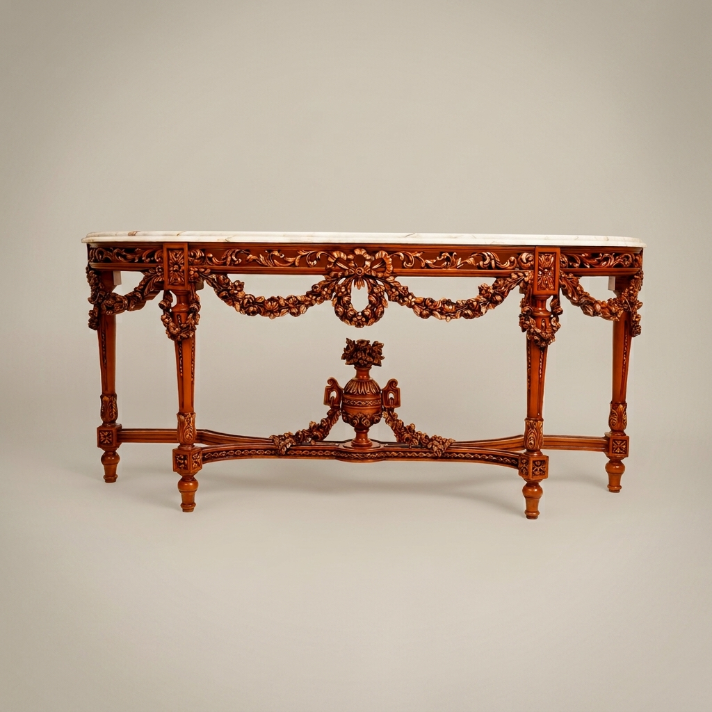 Louis XVI Neoclassical Demi-Lune Console Table with Floral Garland Carving and Calacatta Marble Top
