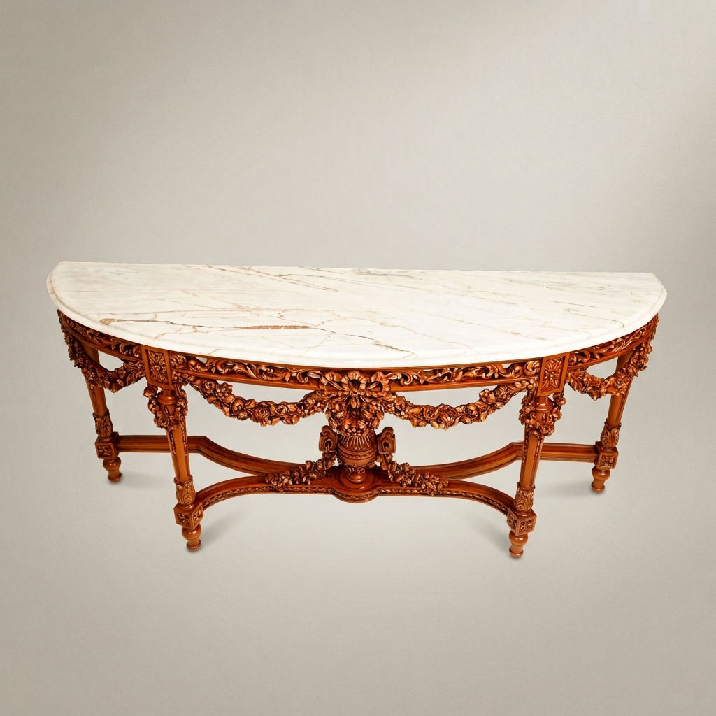 Louis XVI Neoclassical Demi-Lune Console Table with Floral Garland Carving and Calacatta Marble Top