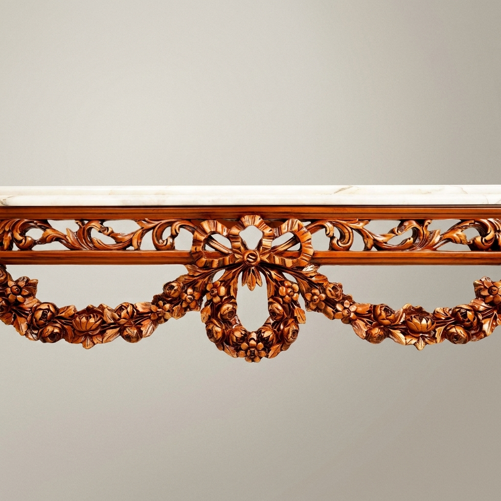 Louis XVI Neoclassical Demi-Lune Console Table with Floral Garland Carving and Calacatta Marble Top