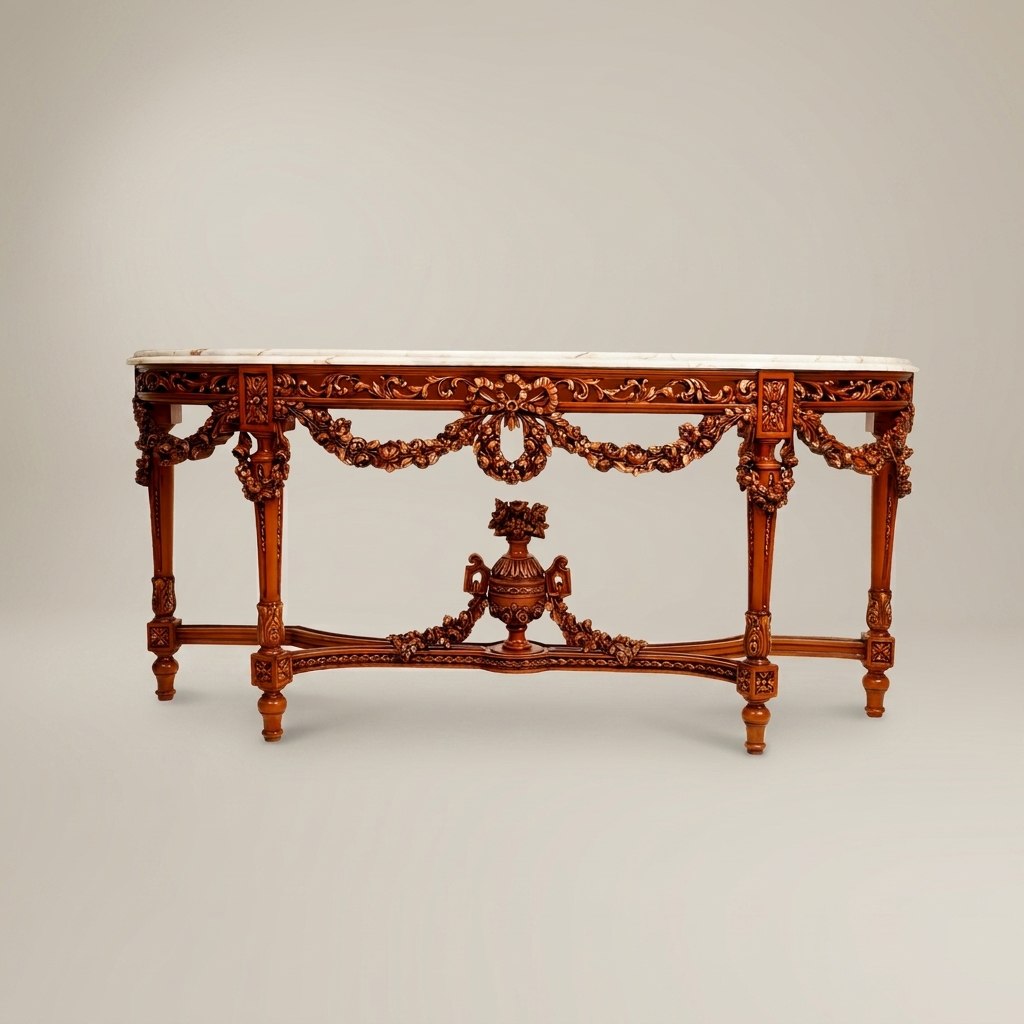 Louis XVI Neoclassical Demi-Lune Console Table with Floral Garland Carving and Calacatta Marble Top