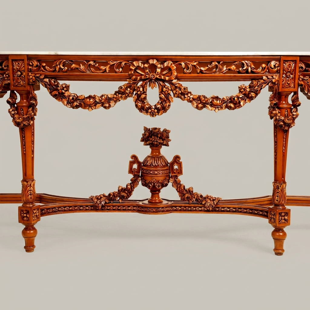 Louis XVI Neoclassical Demi-Lune Console Table with Floral Garland Carving and Calacatta Marble Top