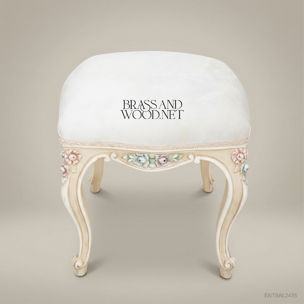 Louis XV Rococo Cream Hand-Carved Vanity Stool - Polychrome Floral Apron