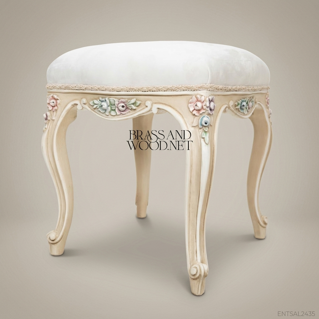Louis XV Rococo Cream Hand-Carved Vanity Stool - Polychrome Floral Apron