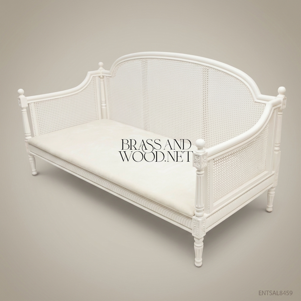 Louis XVI Neoclassical Cane-Panel Daybed with Fluted Posts & Ivory Finish