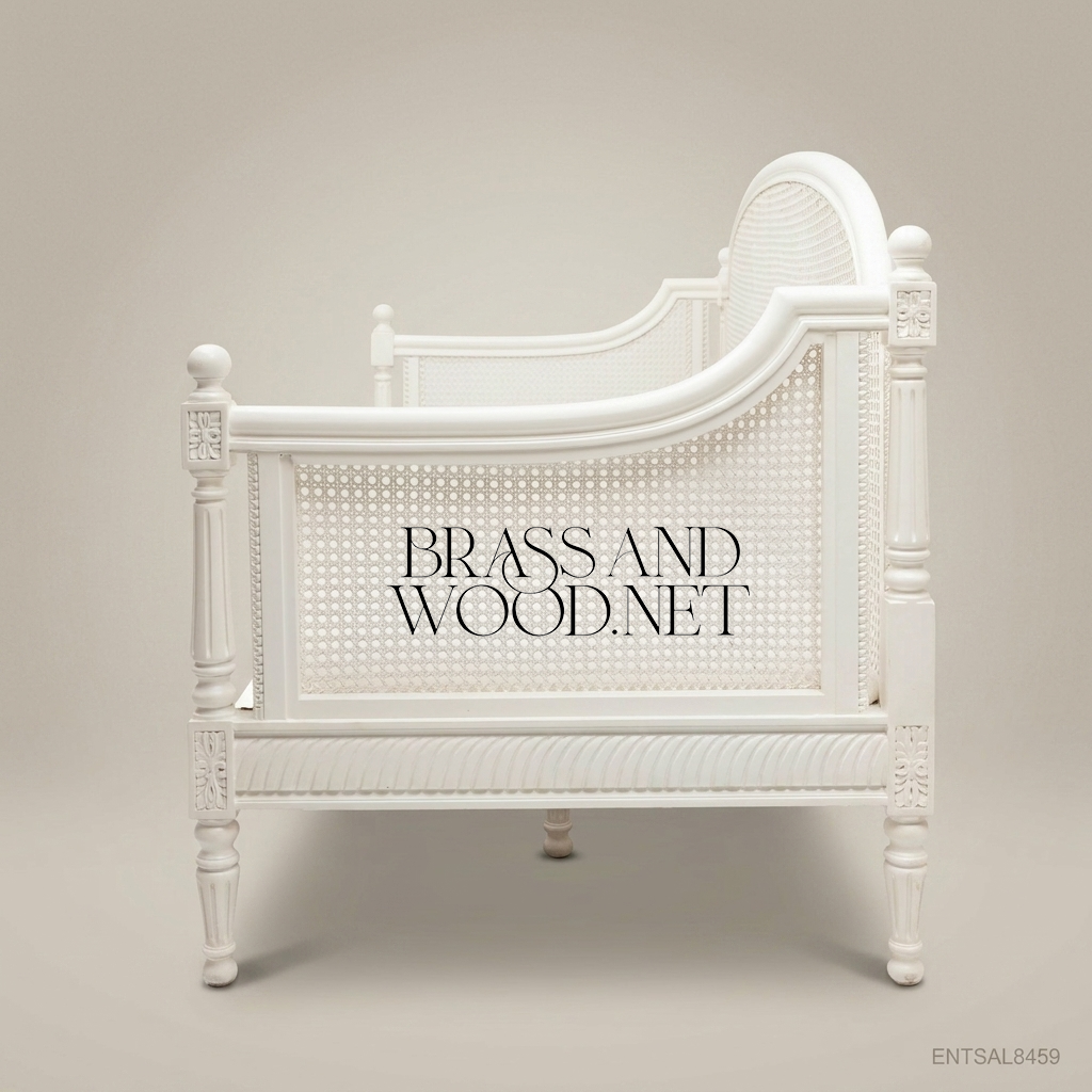 Louis XVI Neoclassical Cane-Panel Daybed with Fluted Posts & Ivory Finish