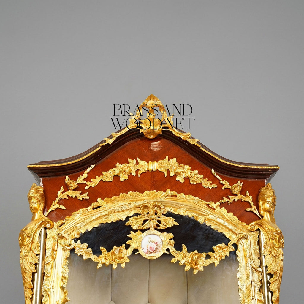 Rococo Mahogany Vitrine with Gilt Carving and Porcelain Plaque