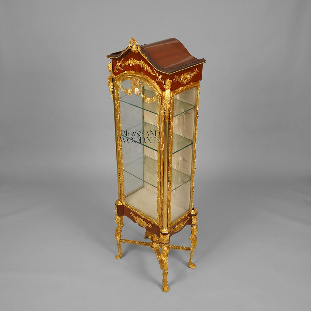 Rococo Mahogany Vitrine with Gilt Carving and Porcelain Plaque