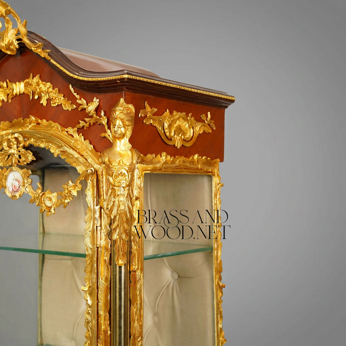 Rococo Mahogany Vitrine with Gilt Carving and Porcelain Plaque