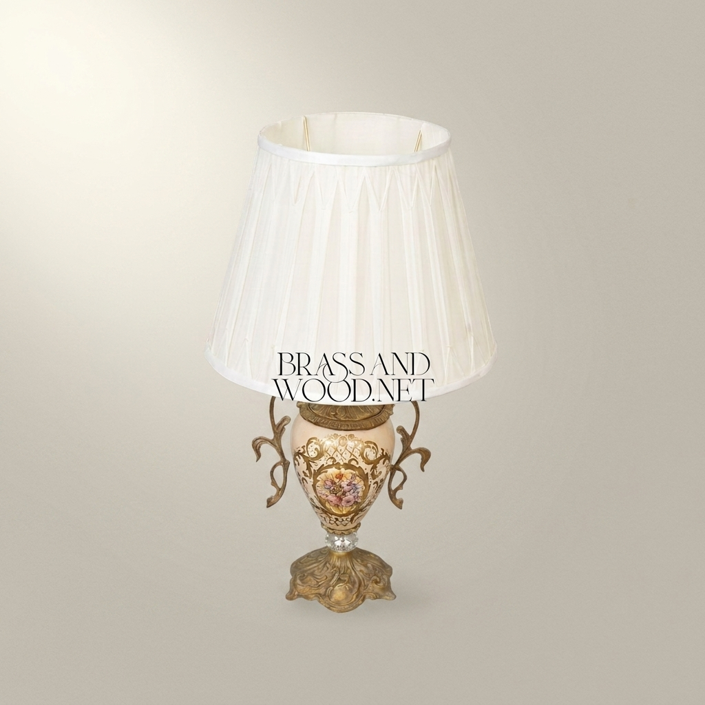 Napoleon III Rococo Revival Floral Ceramic Urn Table Lamp with Pleated Ivory Shade