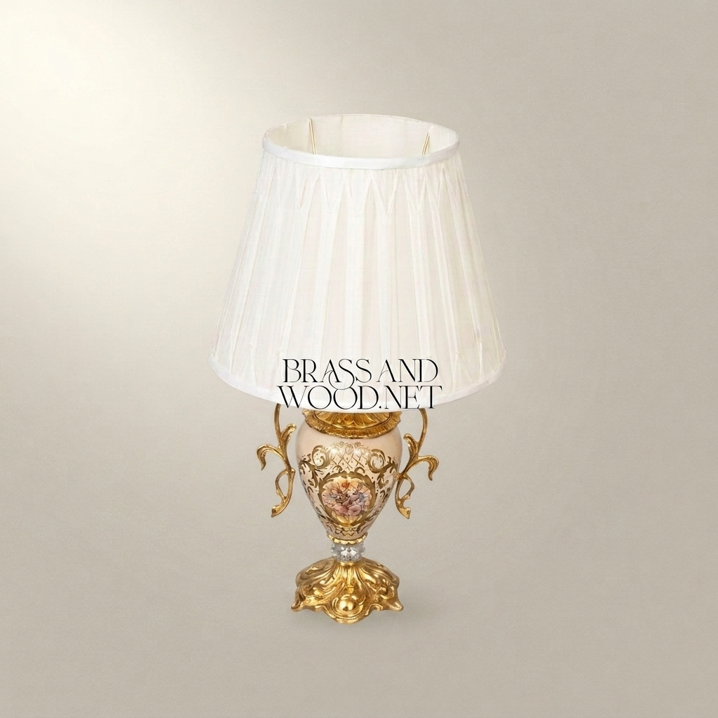 Napoleon III Rococo Revival Floral Ceramic Urn Table Lamp with Pleated Ivory Shade