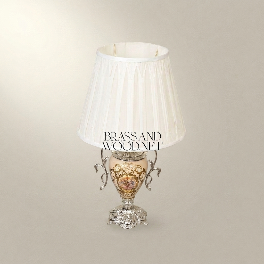 Napoleon III Rococo Revival Floral Ceramic Urn Table Lamp with Pleated Ivory Shade