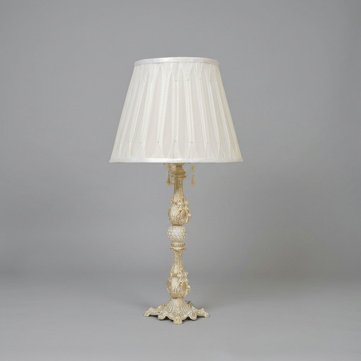 Baroque Carved Resin Table Lamp - Ivory Candlestick Column with Honeycomb Sphere