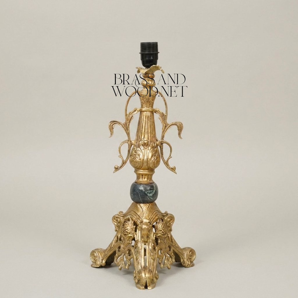 Empire Gilt Brass Table Lamp with Ram-Head Tripod Base and Marble Accent