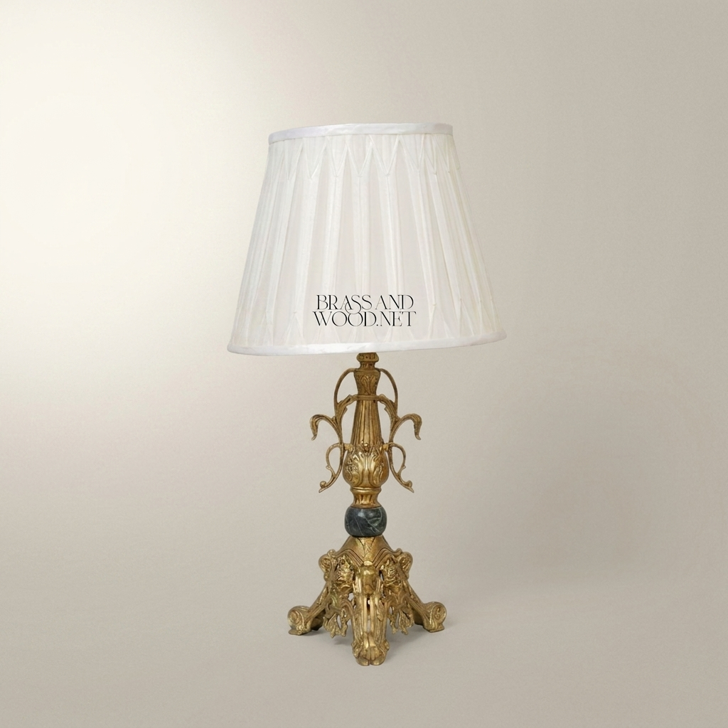 Empire Gilt Brass Table Lamp with Ram-Head Tripod Base and Marble Accent