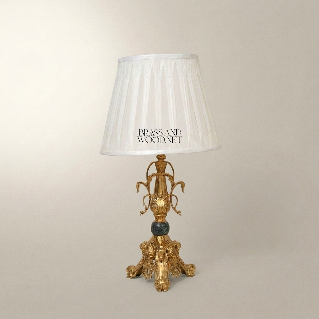 Empire Gilt Brass Table Lamp with Ram-Head Tripod Base and Marble Accent