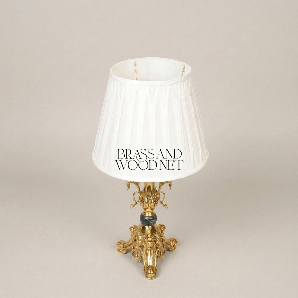 Empire Gilt Brass Table Lamp with Ram-Head Tripod Base and Marble Accent