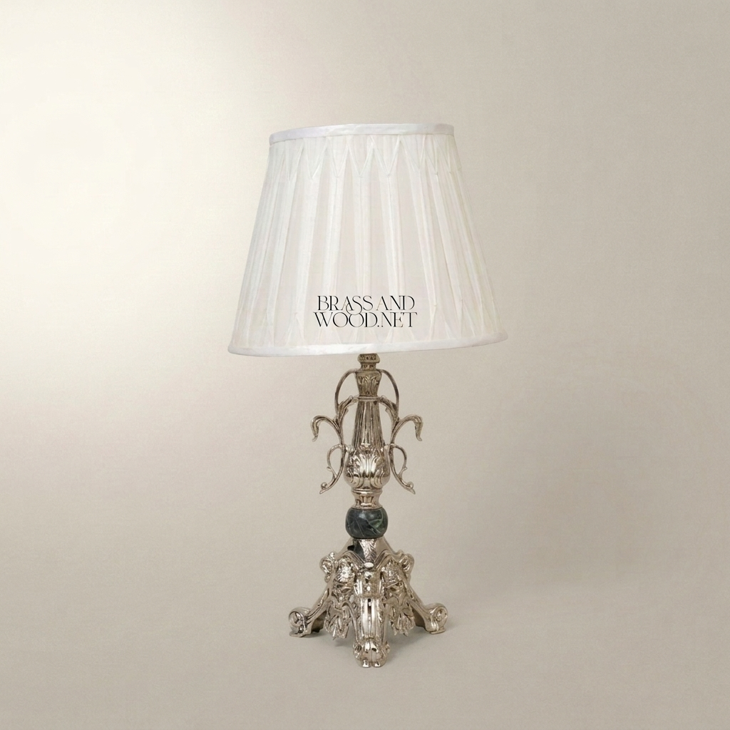 Empire Gilt Brass Table Lamp with Ram-Head Tripod Base and Marble Accent