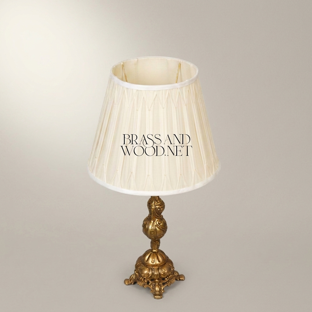 Rococo Revival Brass Table Lamp with Crystal Accent and Pleated Shade