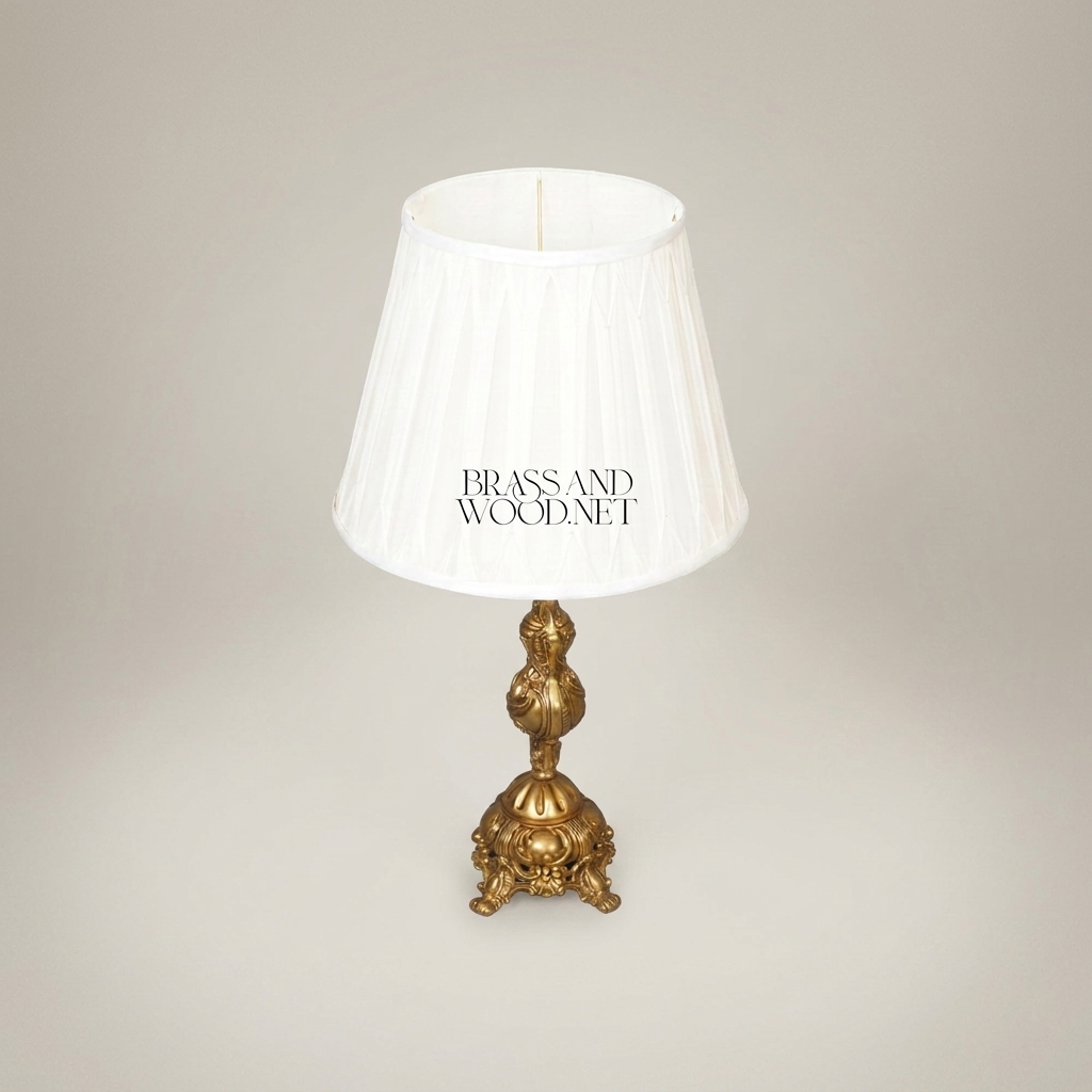 Rococo Revival Brass Table Lamp with Crystal Accent and Pleated Shade