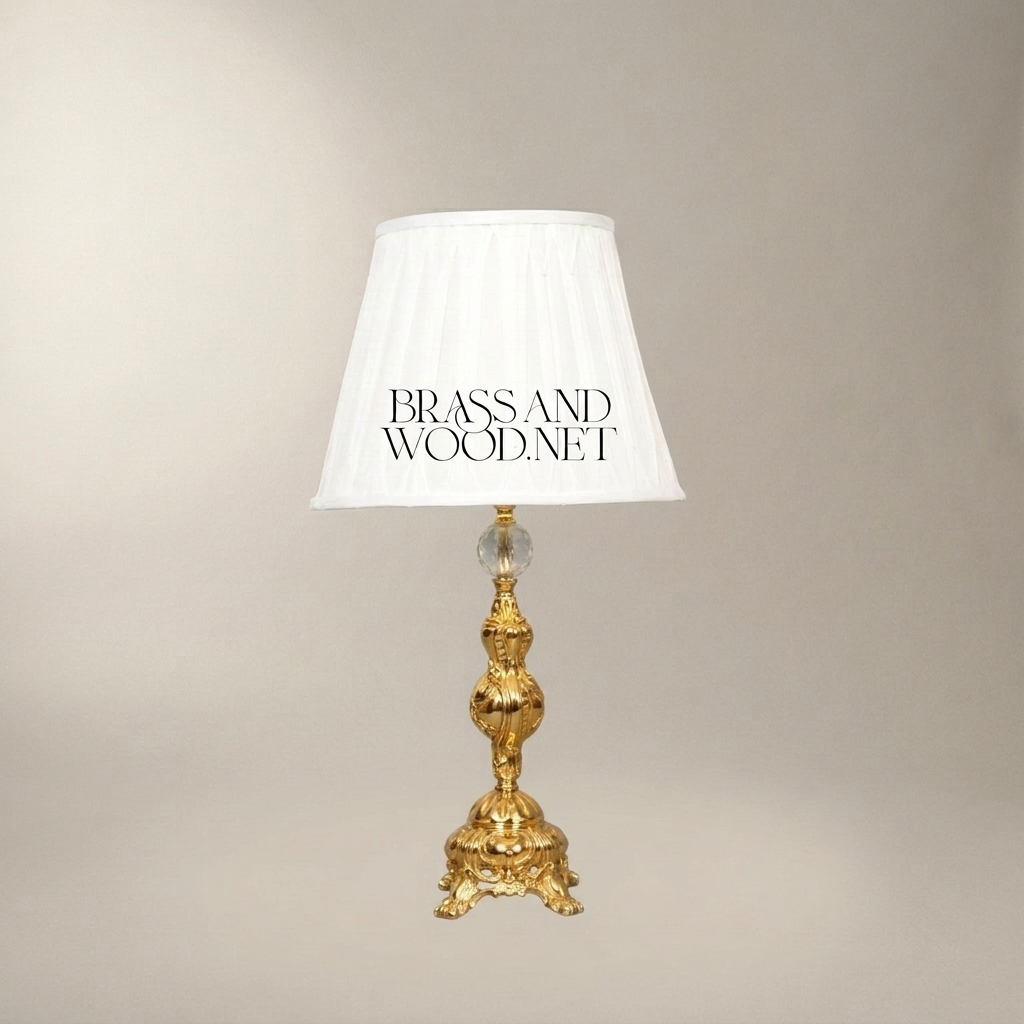 Rococo Revival Brass Table Lamp with Crystal Accent and Pleated Shade