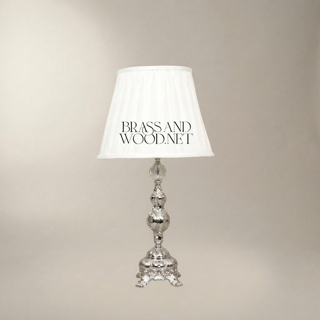Rococo Revival Brass Table Lamp with Crystal Accent and Pleated Shade